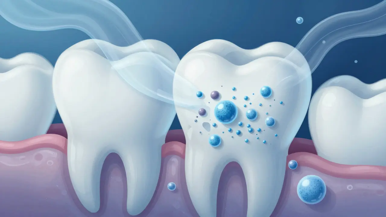 Mikroskopický pohled na obnovu zubní skloviny minerály a fluoridem.