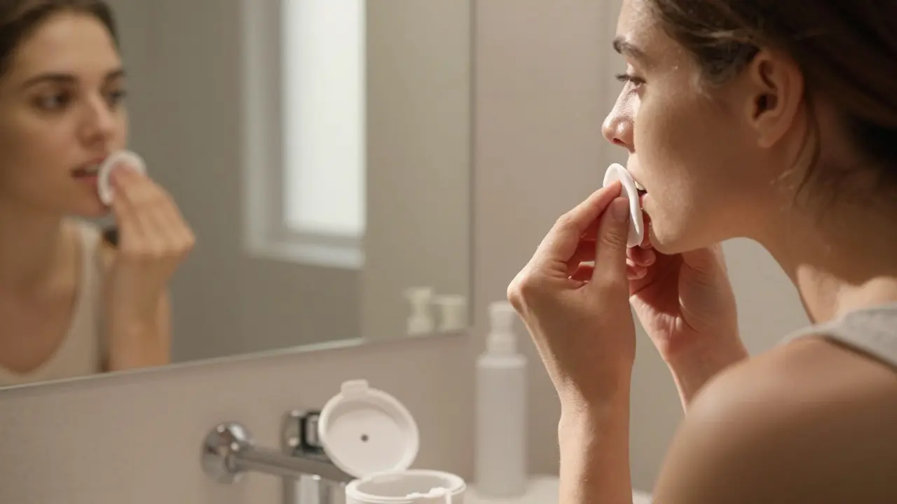 Muž připravuje zuby před aplikací bělicího gelu u zrcadla.