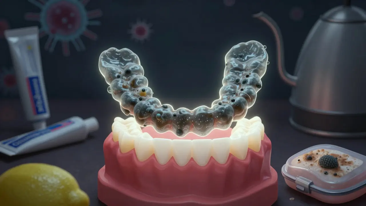 Nechyštěná zubní protéza s viditelným biofilmem v kontrastu s čistou, osvětlenou protézou a zakázanými předměty.