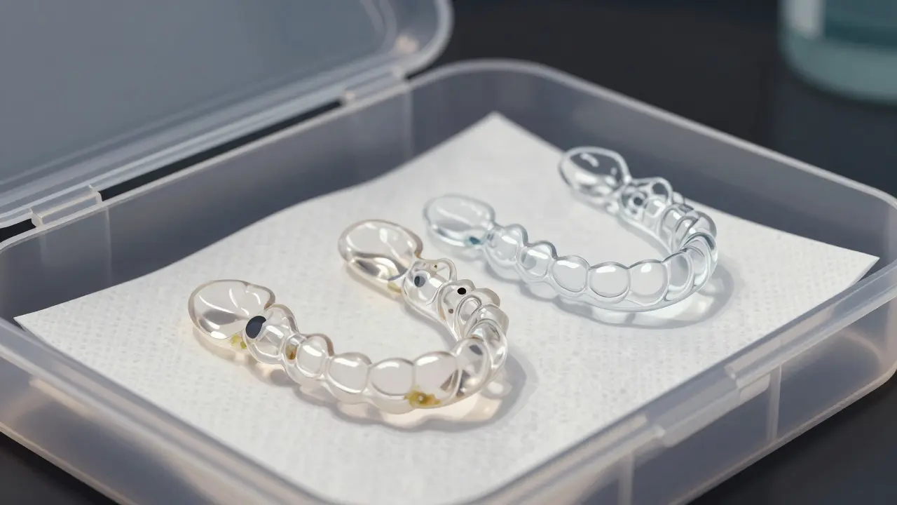 Neviditelná rovnátka na papírovém ručníku vedle větrací nádobky, jedno čisté, jedno znečištěné.