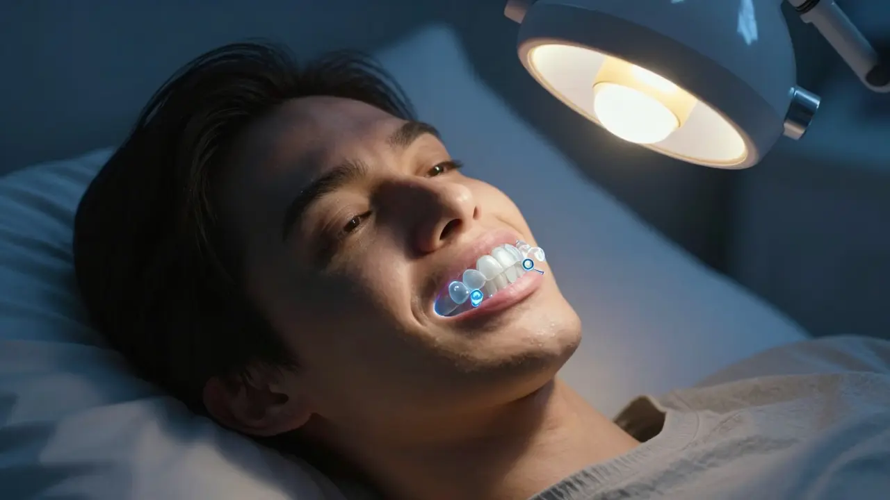 Osoba nosíící ochranný štít při spánku, symbolizující prevenci poškození zubní skloviny.