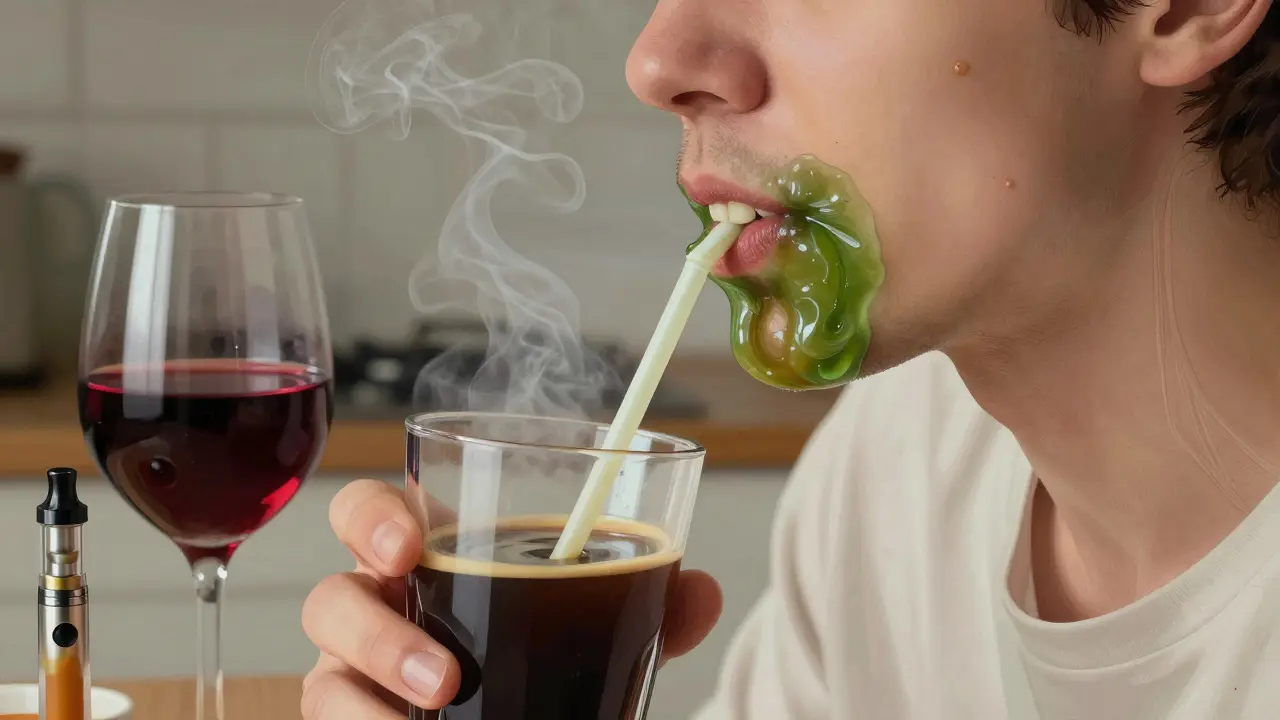 Osoba pije kávu přes příčku, na zubech zůstává zelený povlak od špenátu.