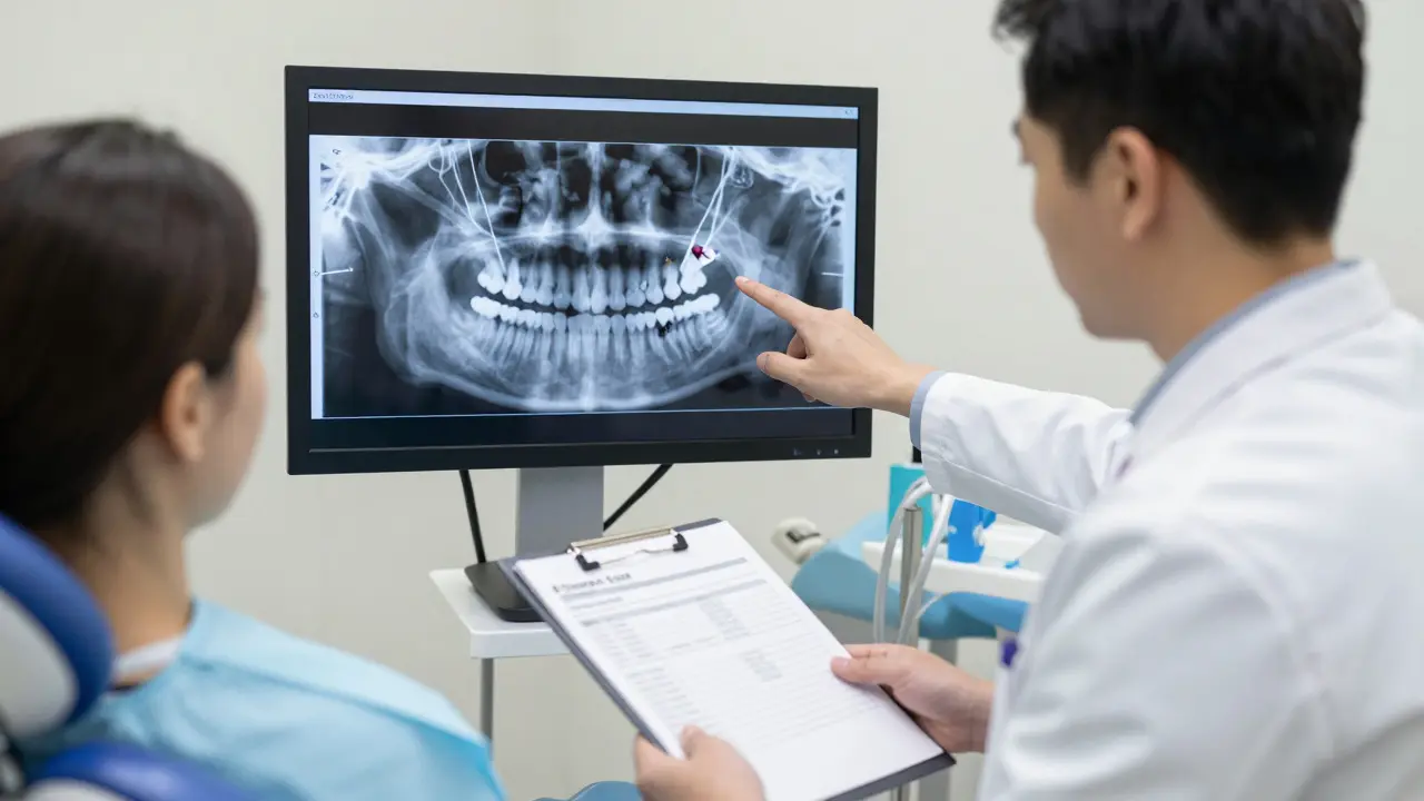 Patient and dentist reviewing a 3D dental scan and cost estimate in a modern clinic.