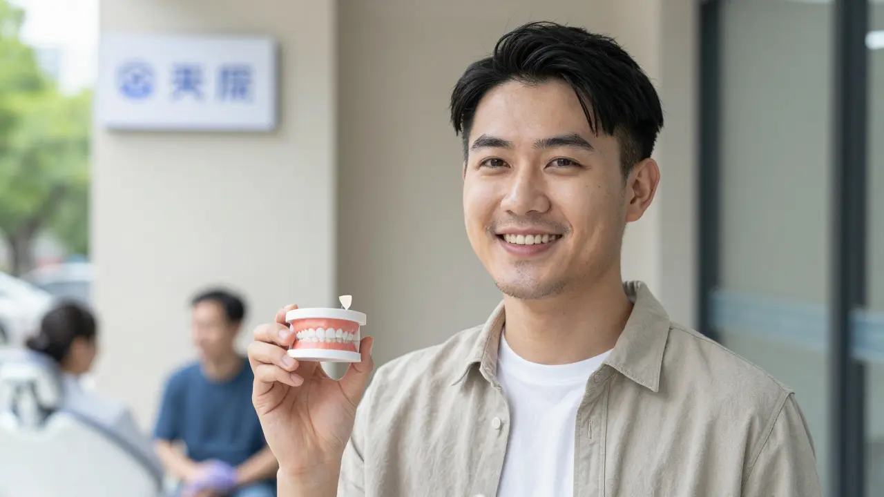 Patient holding a detached temporary crown outside a dental clinic, smiling calmly.