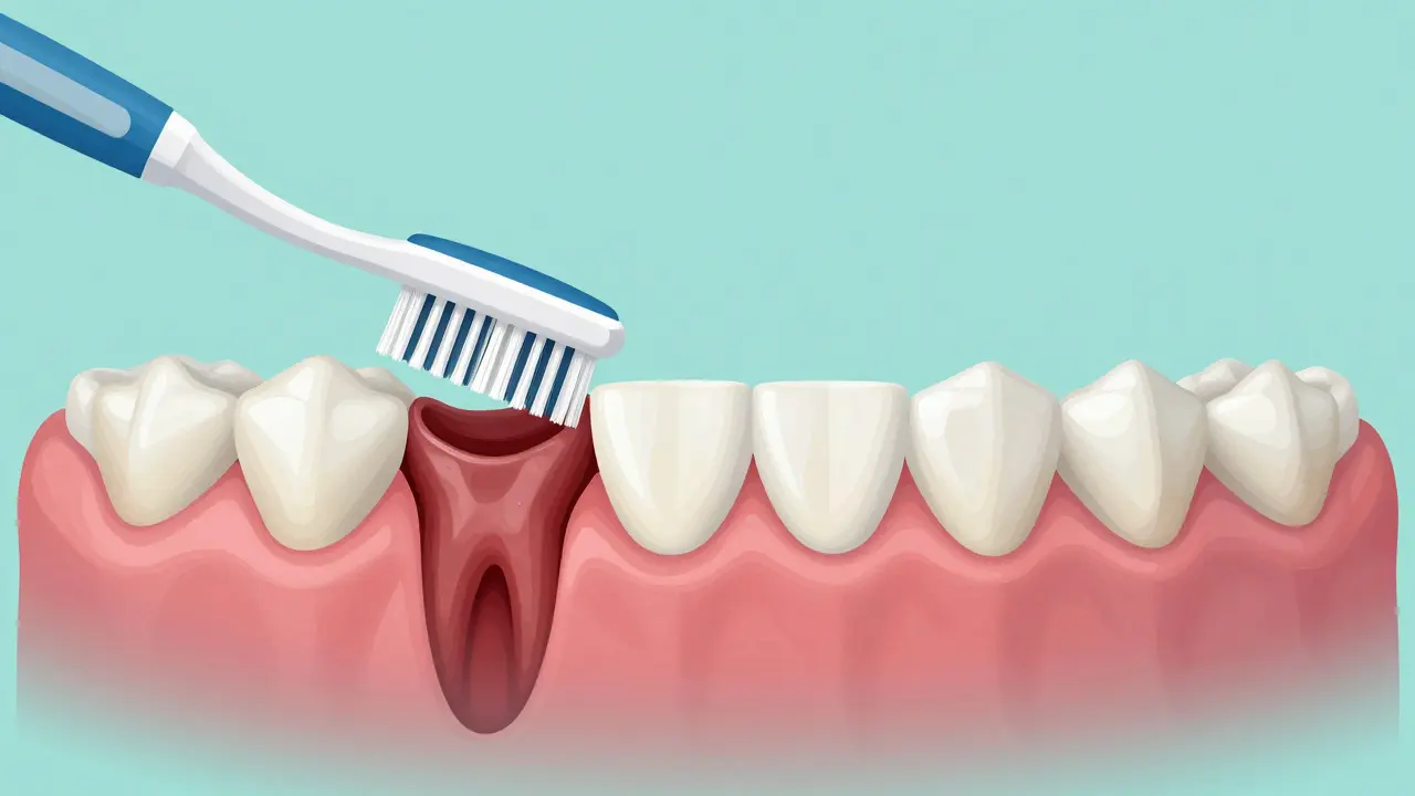 Porovnání poškozených a zdravých dásní: vlevo recese způsobená tvrdým kartáčkem, vpravo zdravé dásně s jemnými štětinami.