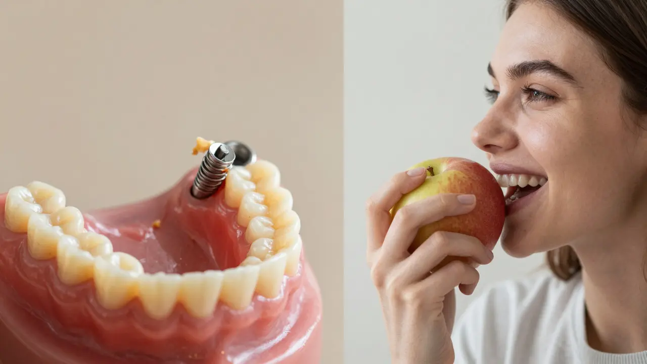 Porovnání volné protézy a stabilního implantátu při žvýkání jídla.