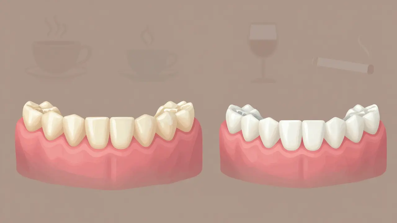 Porovnání zubů před a po bělení páskami s odstraněnými skvrnami od kávy a vína.