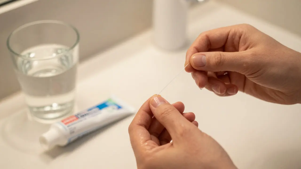 Použití nitě mezi zuby s toothpaste a sklenicí vody na pozadí.