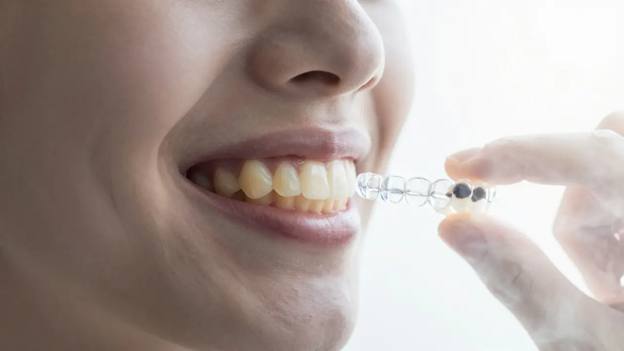 Přechod zákalených rovnátek na průhledné, symbolizující čištění a obnovu úsměvu.