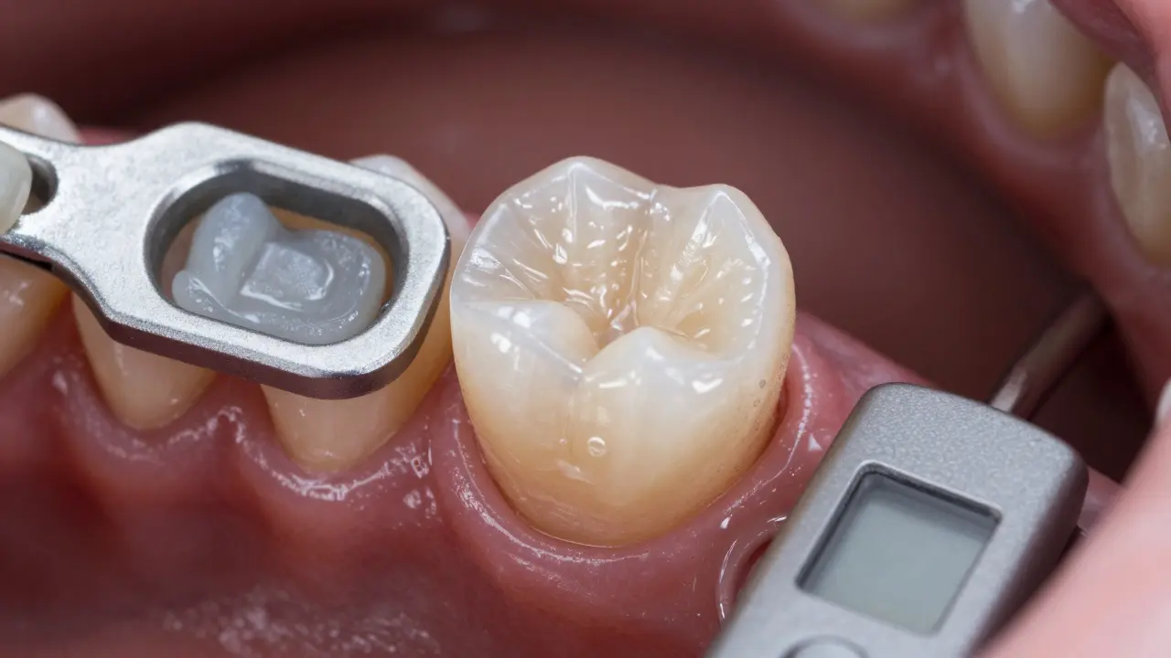 Prepared tooth with conical shape and temporary crown, next to dental impression materials.