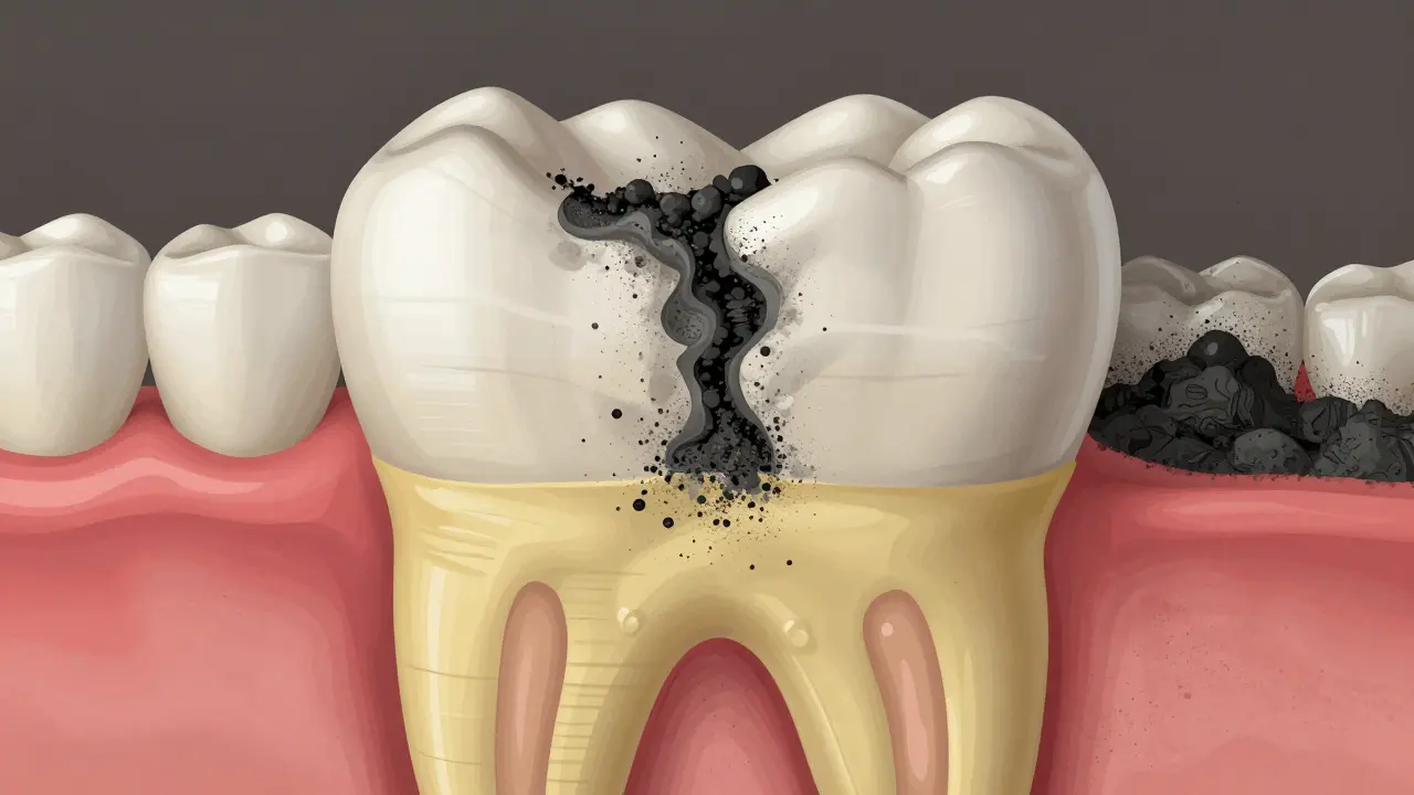 Řez zubem s oděrnutou emalí a zviditelněnou dentinou, černé částice uhlí jsou zachycené mezi zuby.