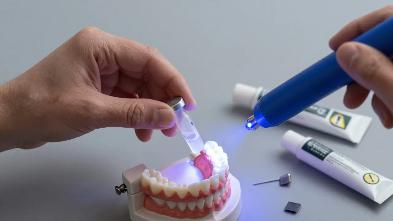 Ruka drží zubní lepidlo a LED světlo, zatímco v pozadí leží špatně použité domácí lepidlo.