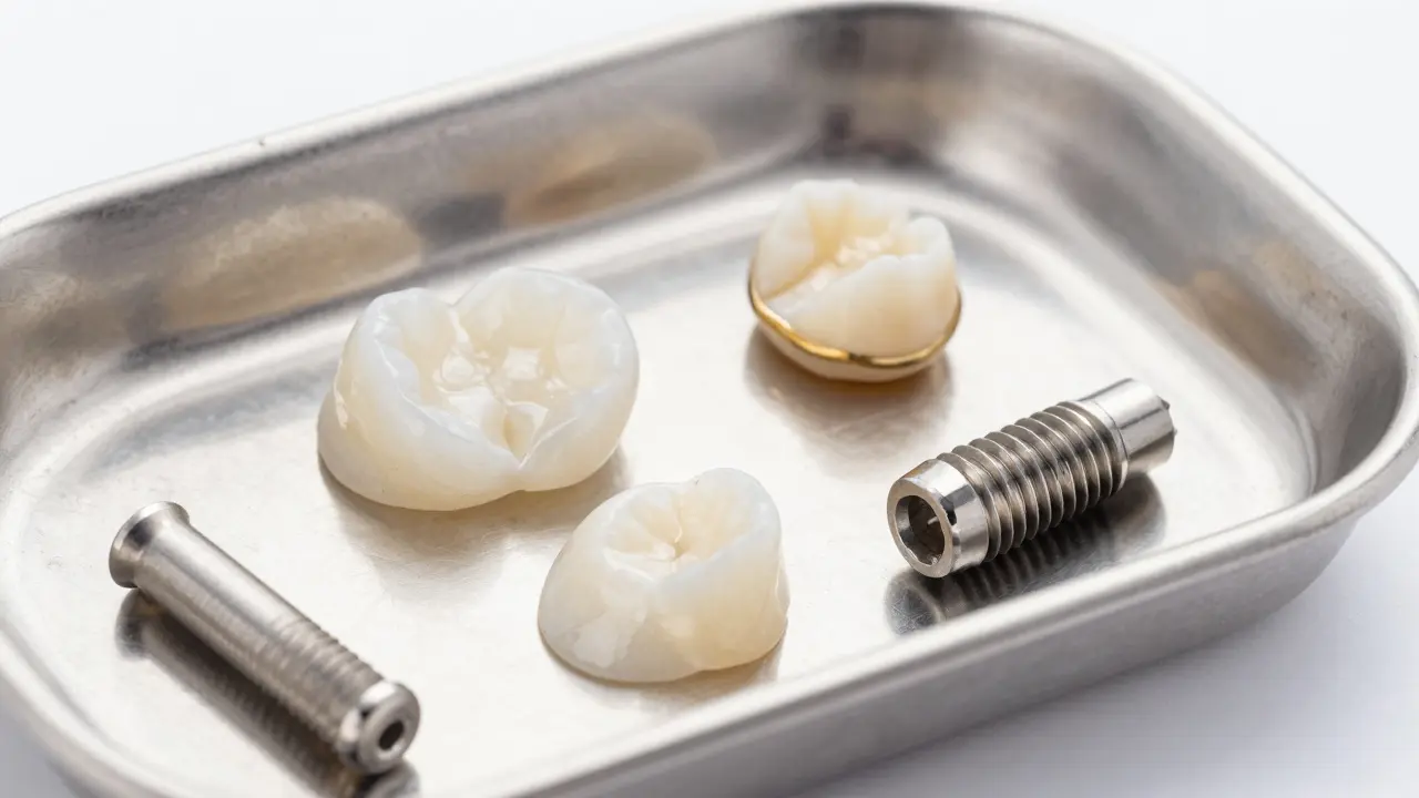 Různé typy zubních korunek a implantátů na sterilním podnosu v laboratoři.