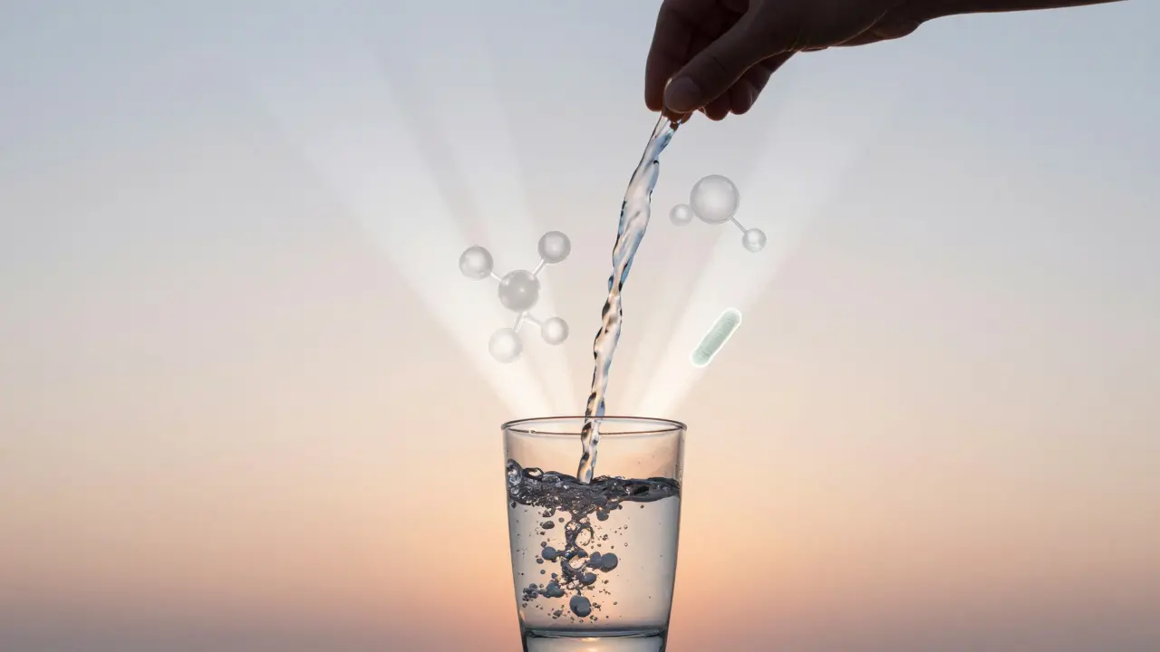 Sklenice vody s abstraktními symboly vitamínů a antioxidantů – základ pro zdravé dásně.