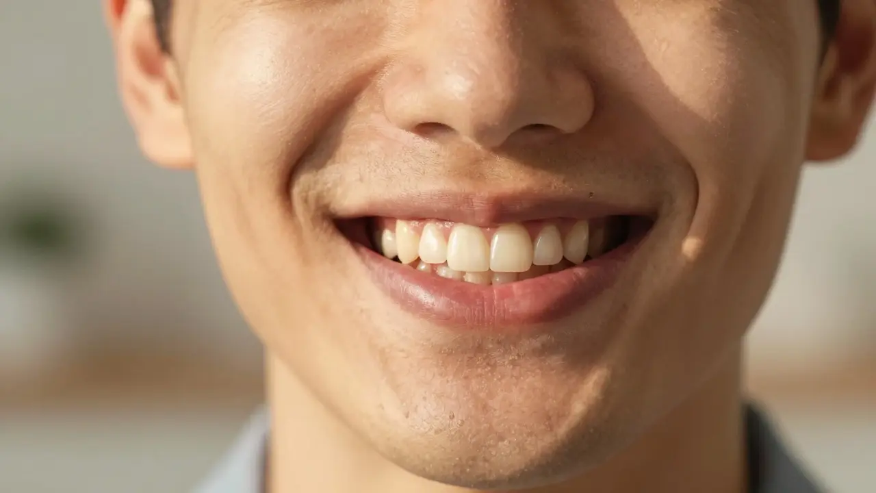 Spokojený úsměv člověka po úspěšné stomatologické léčbě a obnovení chrupu.