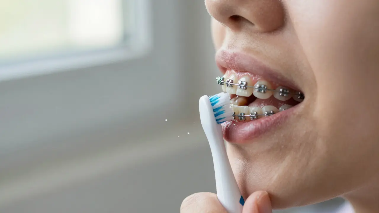 Ultrasonic cleaner effectively cleaning teeth with orthodontic brackets and wires.