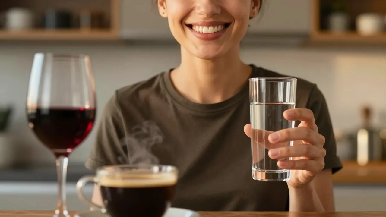 Úsměv ženy s vodou, vedle ní nedotčená káva a víno.