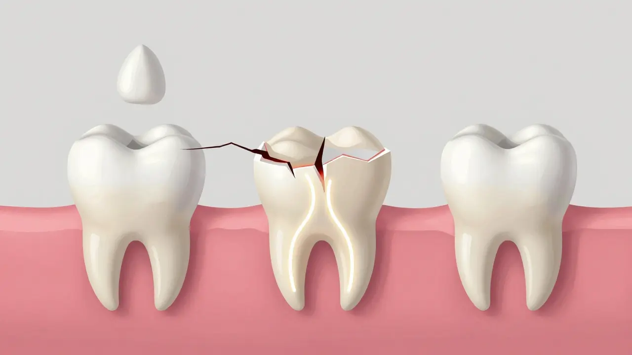 Visual comparison of tooth enamel damage progressing to three repair solutions: filling, inlay, and crown.