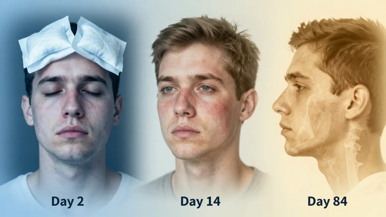 Vývoj obličeje po operaci: otok, modřiny a postupné zahojení během týdnů.