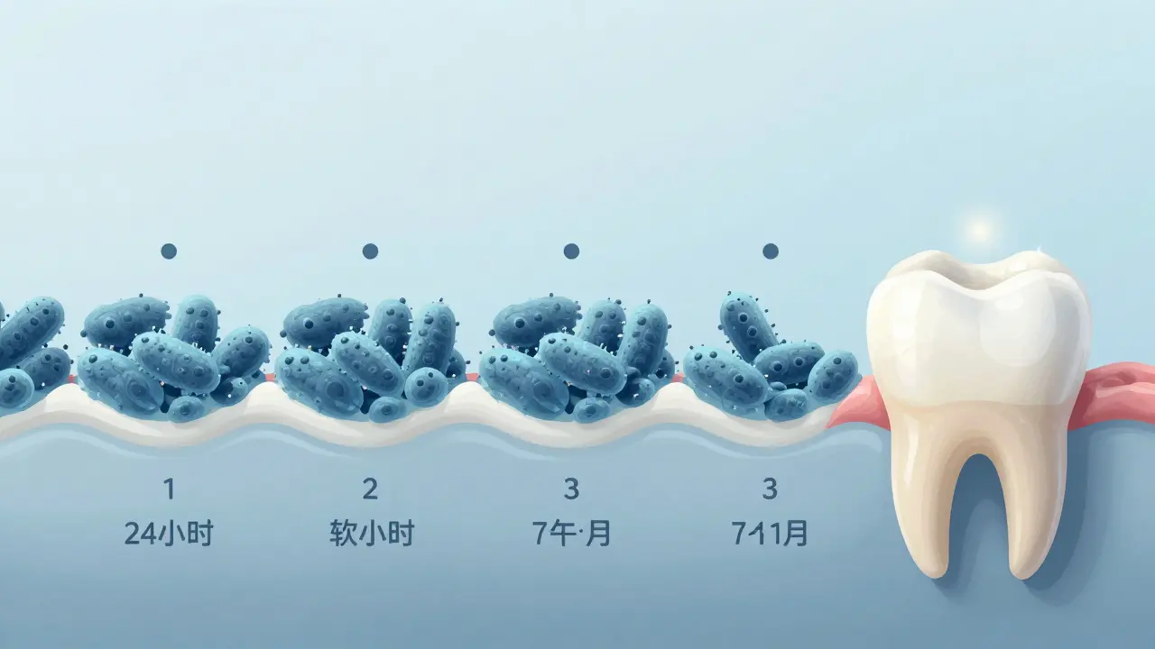 Vývoj zubního plaku v kameni během tří měsíců s porovnáním čistého zubu.
