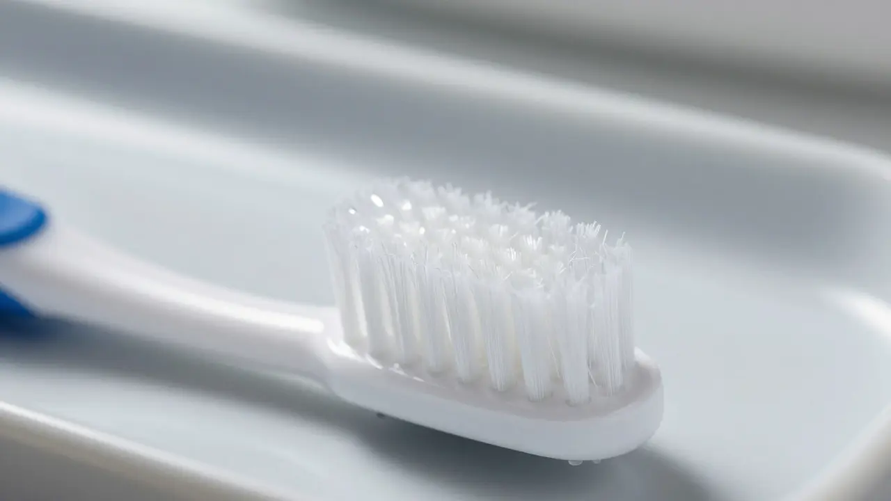 Záběr detailu měkkých vláken kvalitního zubního kartáčku.