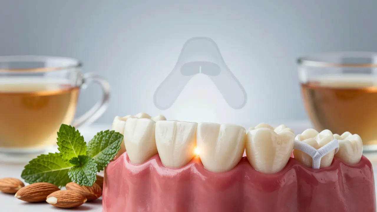 Zdravé zuby obklopené přirozenými potravinami a pomůckami pro uvolnění čelisti.