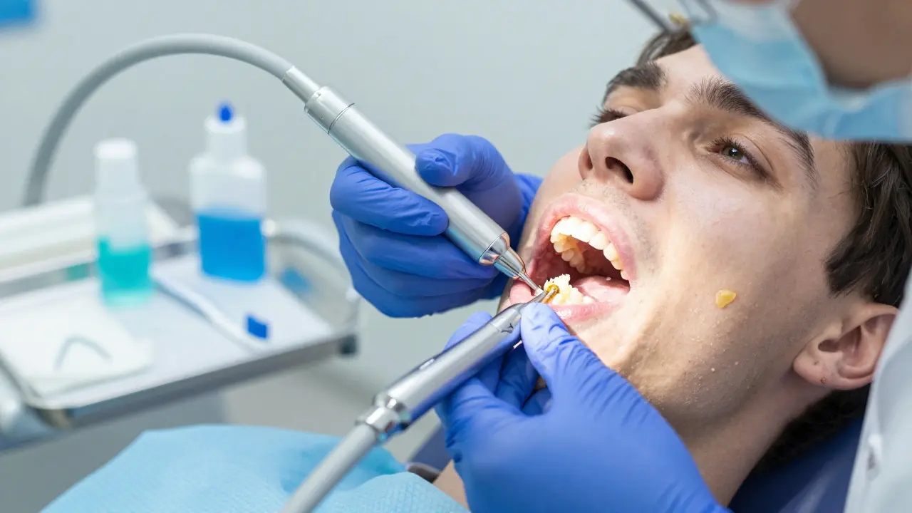 Zubní hygienistka odstraňuje zubní kámen ultrazvukovým zařízením během profesionálního čištění.