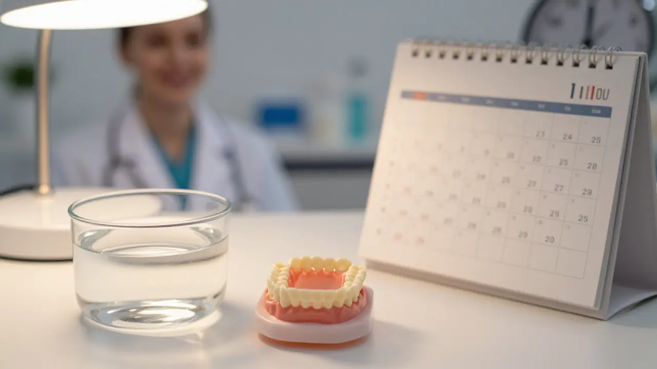 Zubní protéza v čisté nádobce s vodou, vedle kalendáře s každodenními značkami a hodinami ukazujícími noc.