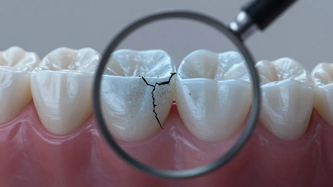 Zvětšený pohled na poškozenou emal s uhlíkovými částicemi a bakteriálním nánosem.