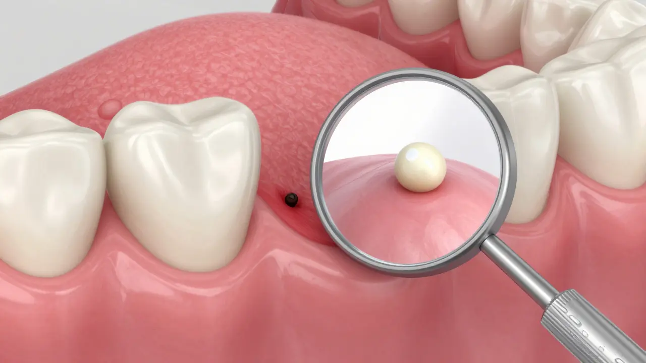 3D ilustrace dásní s hnisavým vředem viditelným v dentálním zrcátku.