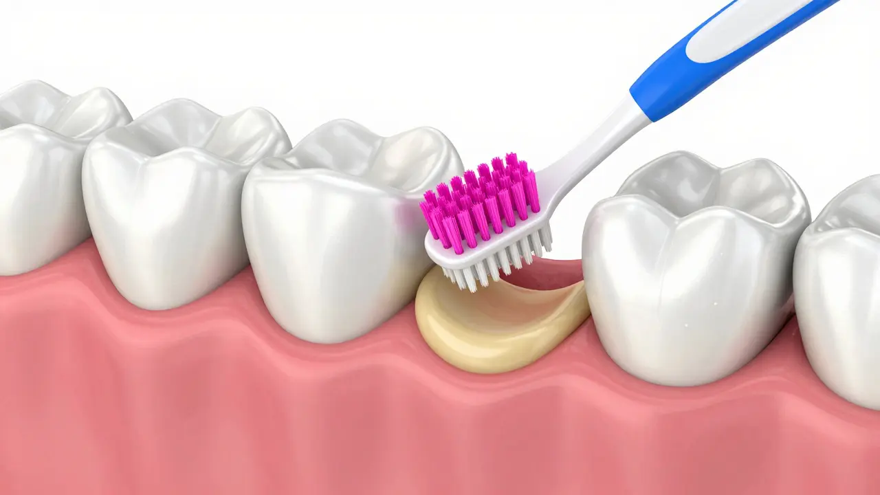 3D ilustrace správného vložení mezizubního kartáčku do mezery mezi zuby pro odstranění plaku.