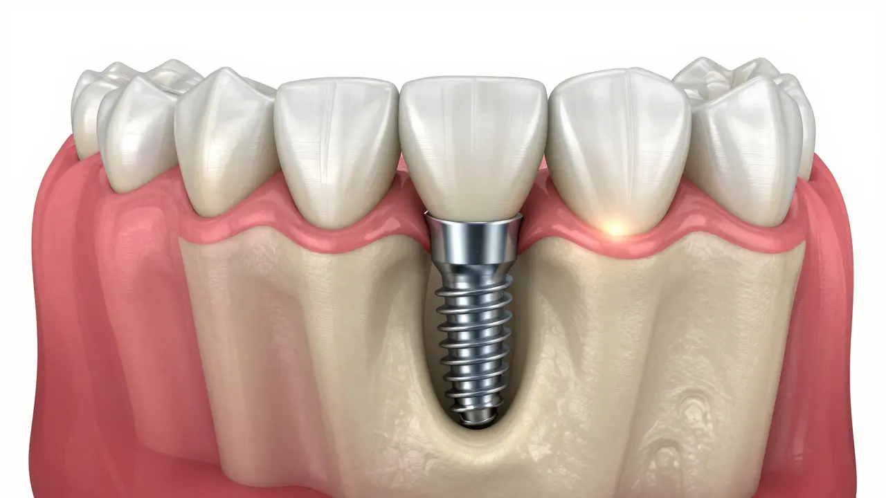 3D ilustrace zubního implantátu z titanu integrovaného do čelistní kosti.