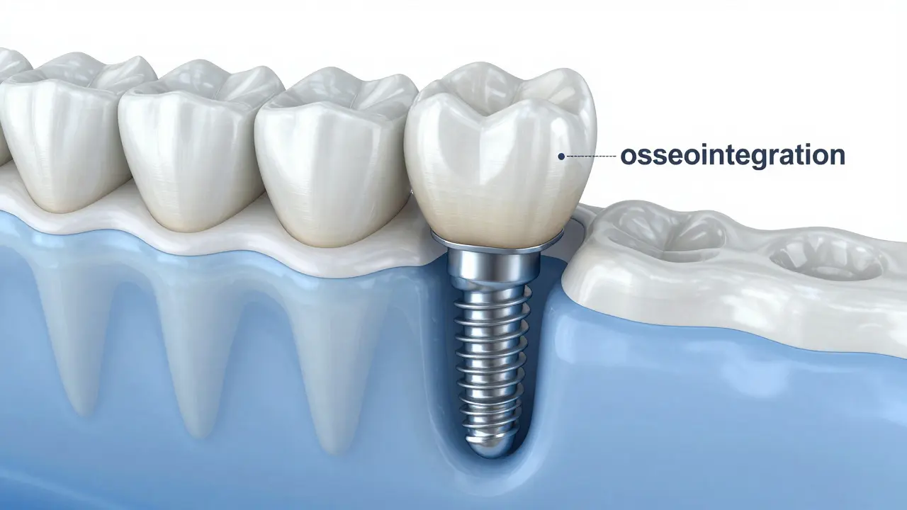 3D model zubního implantátu z titanu s keramickou korunkou v čelistní kosti.