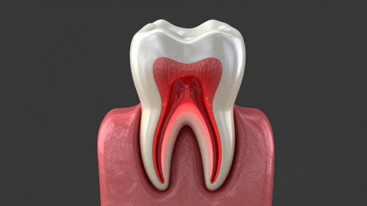 3D model zubu s červeně zvýrazněným zánětem zubní pulpy