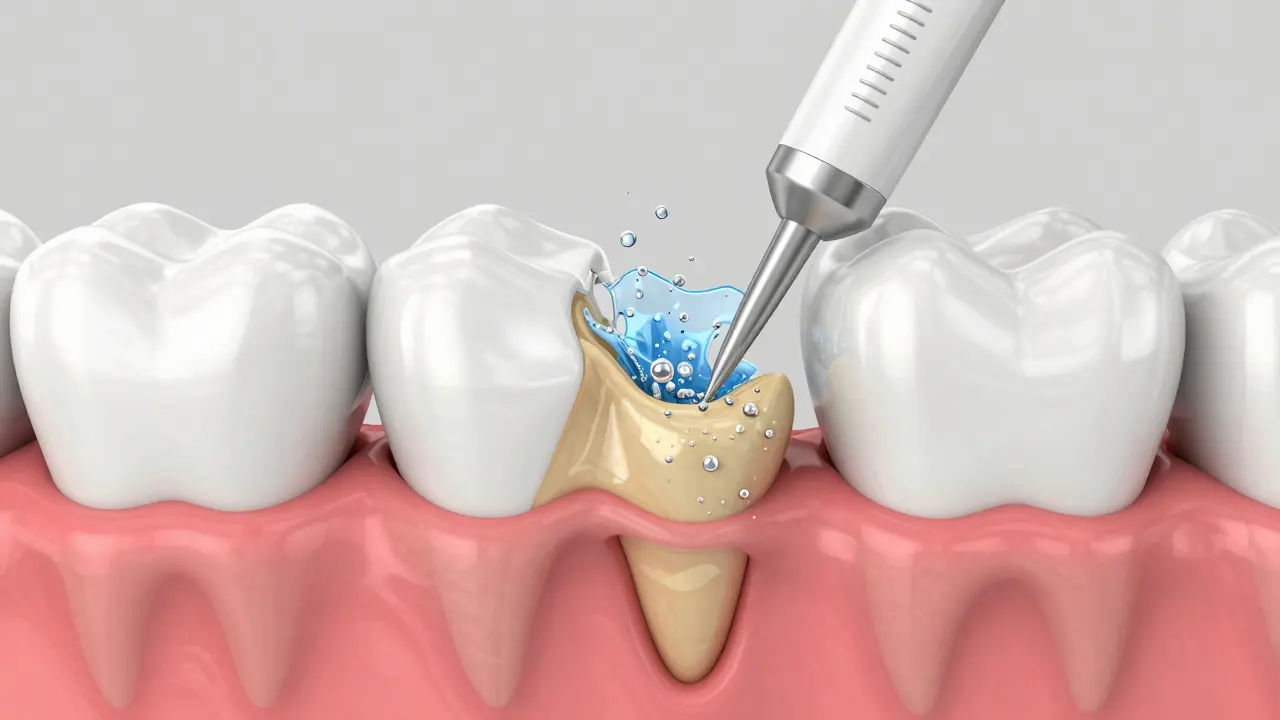 3D vizualizace procesu kavitace při odstranění zubního kamene z dásní.