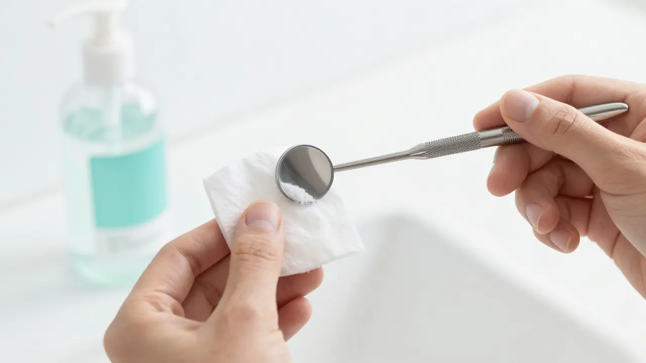 Čištění dentálního zrcátka pomocí vaty s isopropylalkoholem.