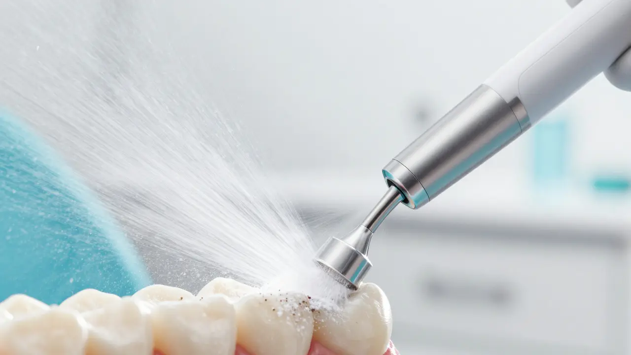 Detail přístroje na pískování zubů vyvádějícího proud vody a prášku.