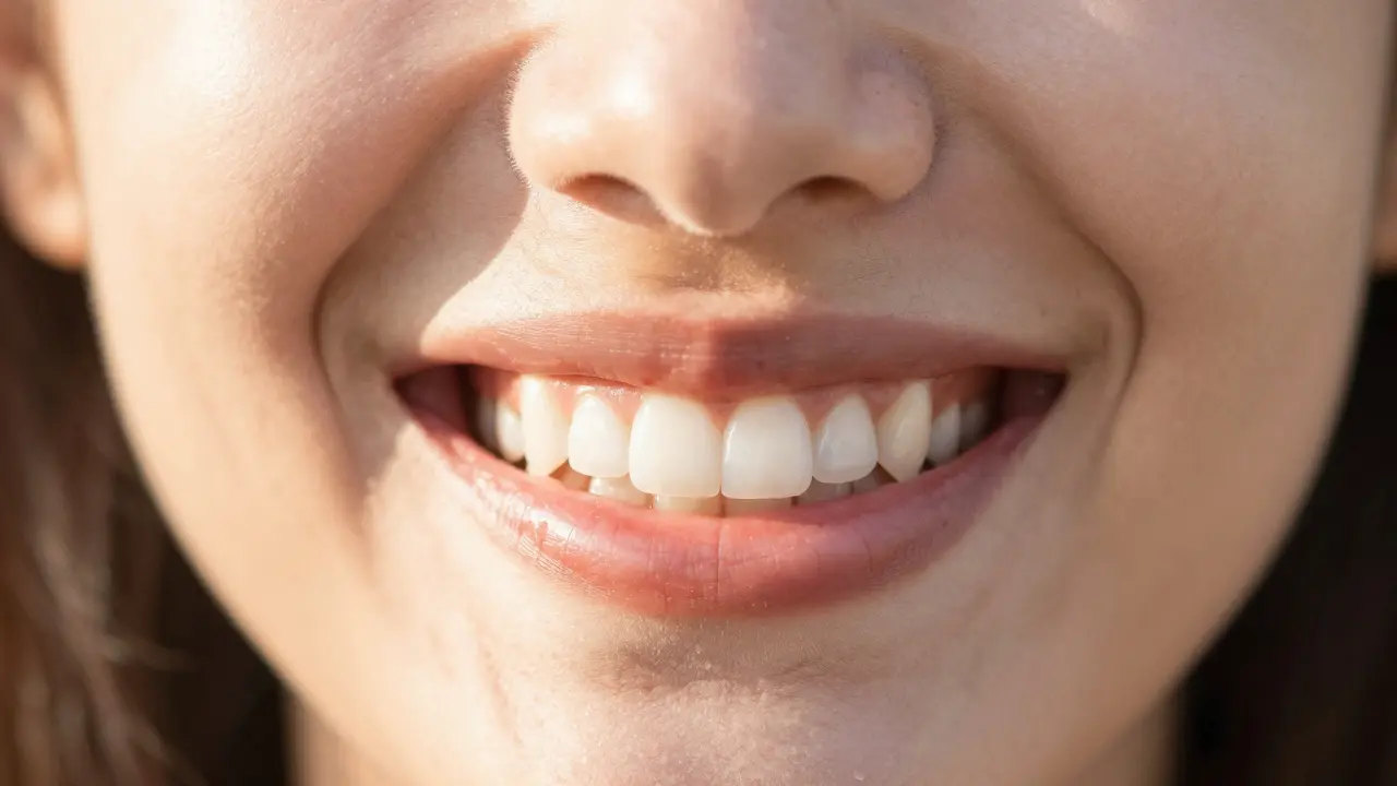 Detail sebevědomého úsměvu s perfektně bílými a rovnými zuby.