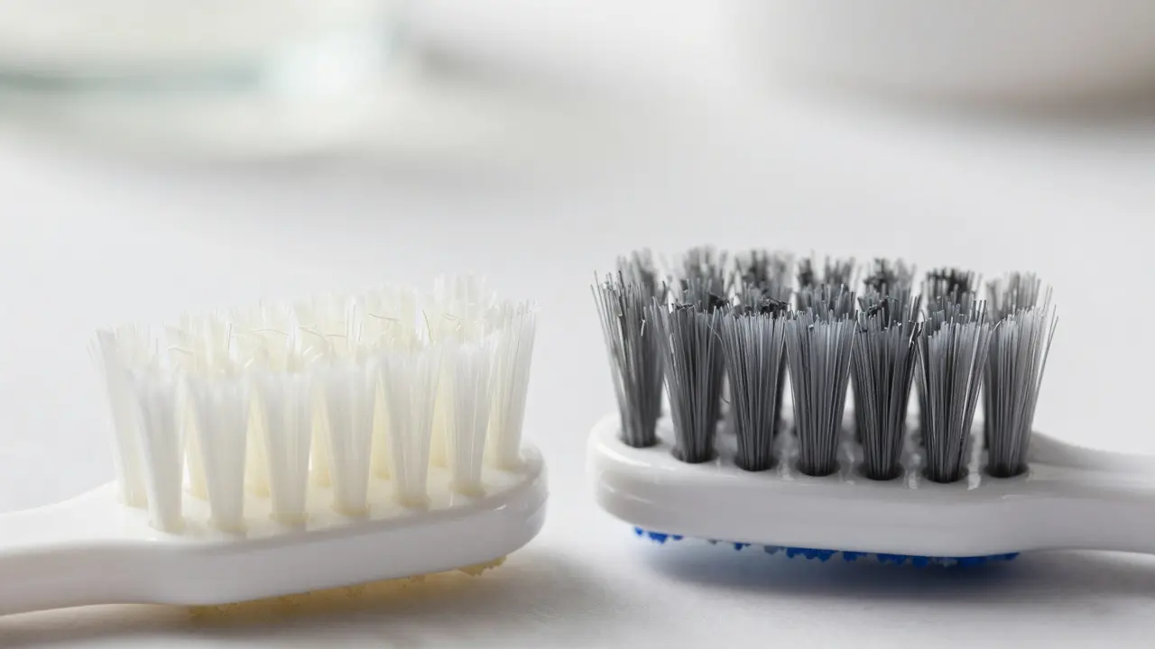 Detailní srovnání jemných vláken Curen s běžnými nylonovými štětinami.