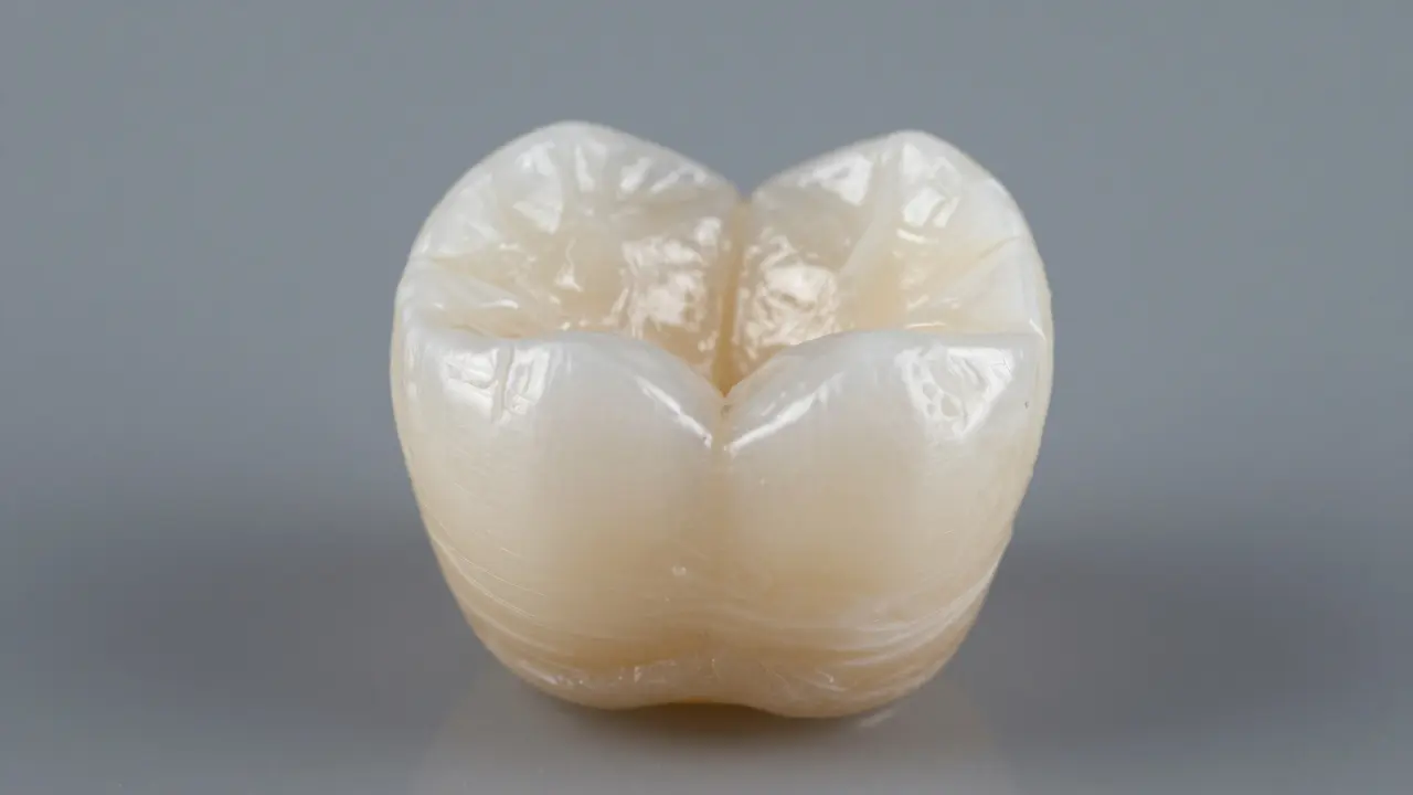 Detailní záběr na biokompatibilní zirkonovou zubní protézu.