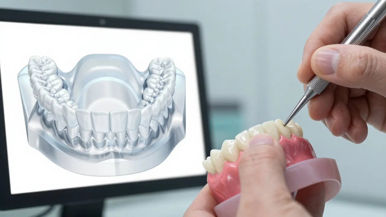 Digitální 3D model zubů a proces výroby keramické fasety v laboratoři.