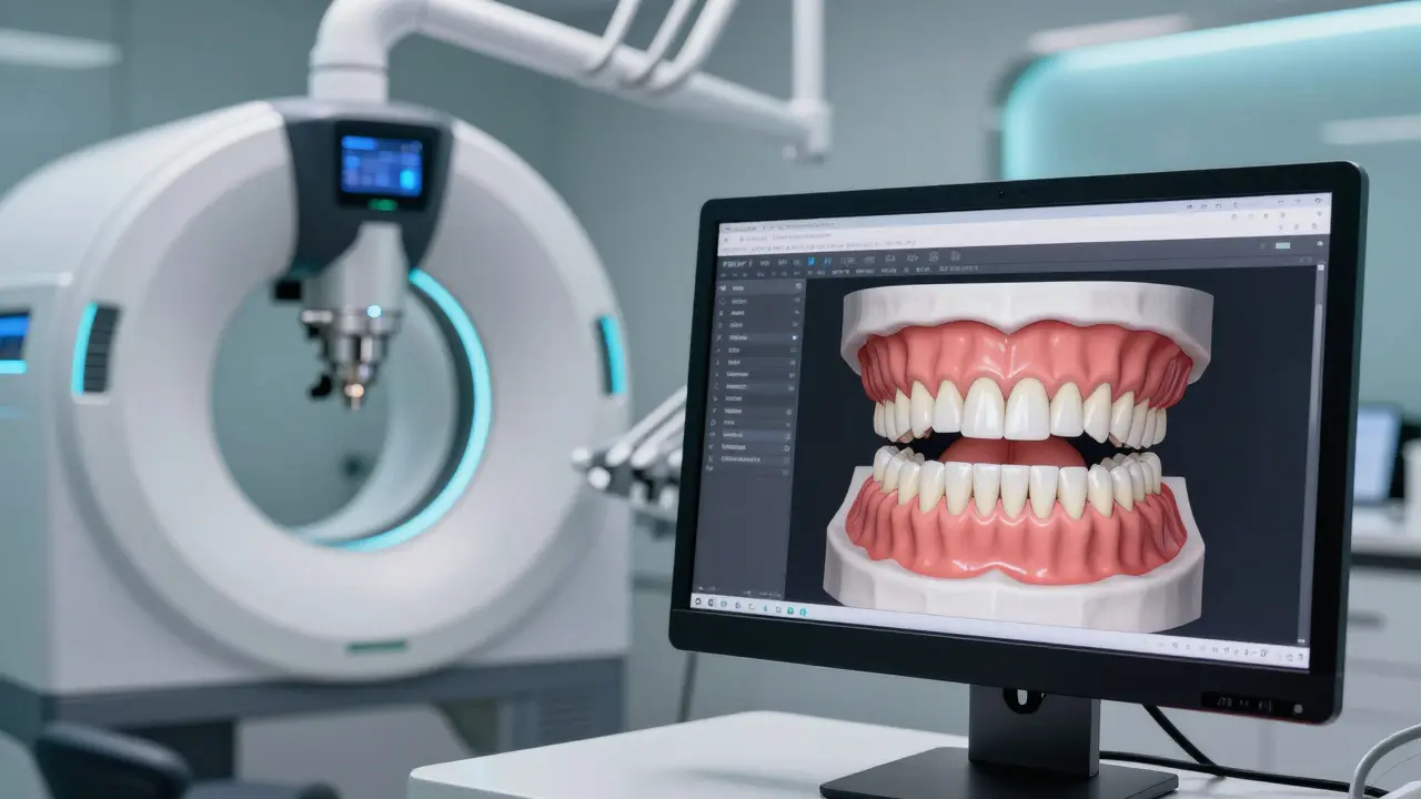 Digitální plánování úsměvu na monitoru v moderní zubní ordinaci.