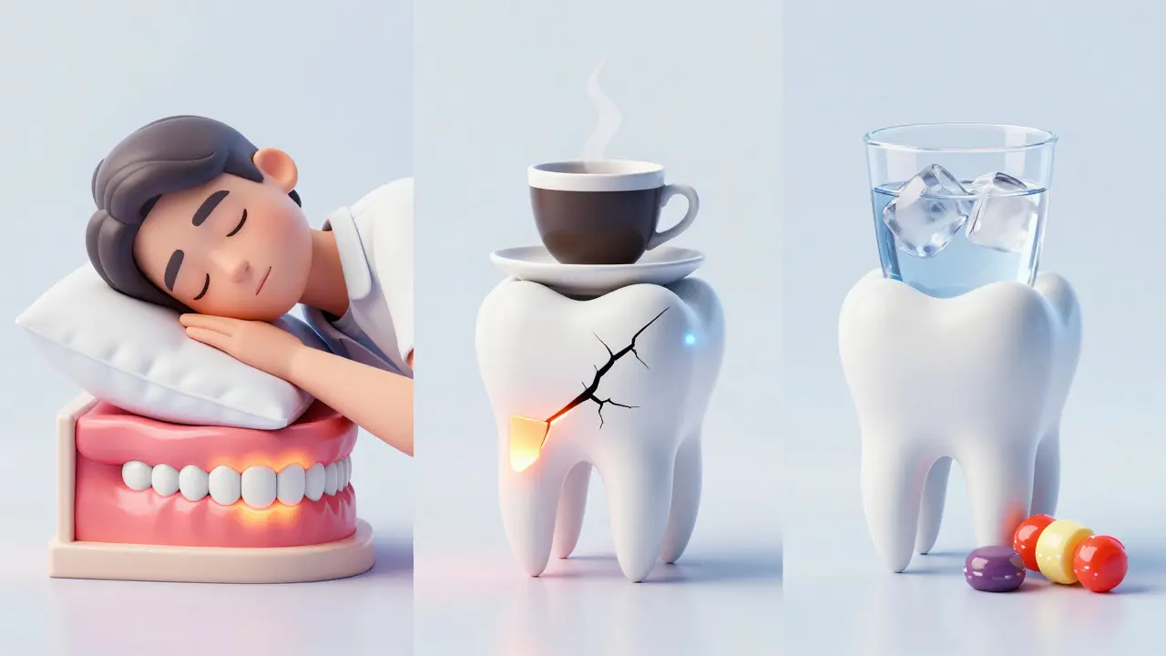 Ilustrace příčin prasklin v zubech: skřípání zubů, teplotní šok a tvrdé potraviny.