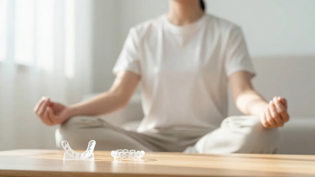 Klidná osoba při meditaci s ortodontickými alignery v pozadí.