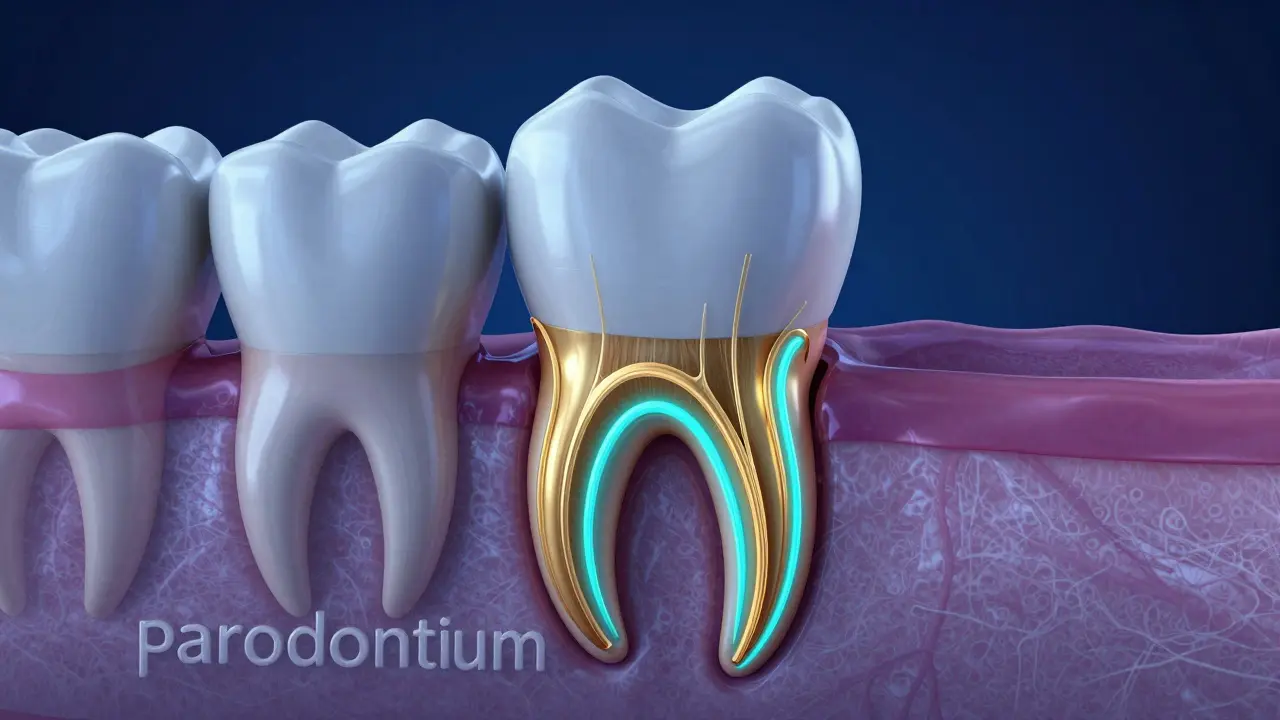 Konceptuální pohled na kořen zubu a pružné vazy parodontia.