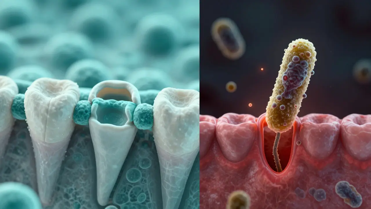 Konceptuální srovnání zdravého implantátu a zánětu peri-implantitis