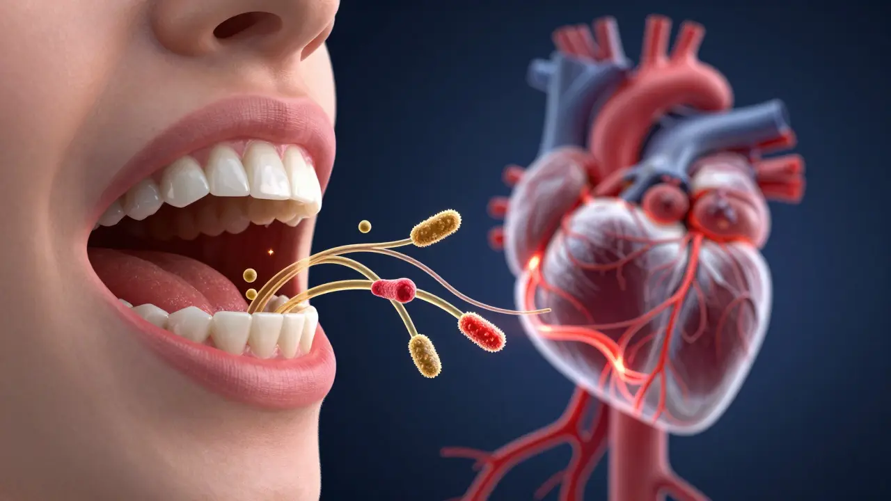 Konceptuální znázornění cesty bakterií z dásní do krevního oběhu a srdce.