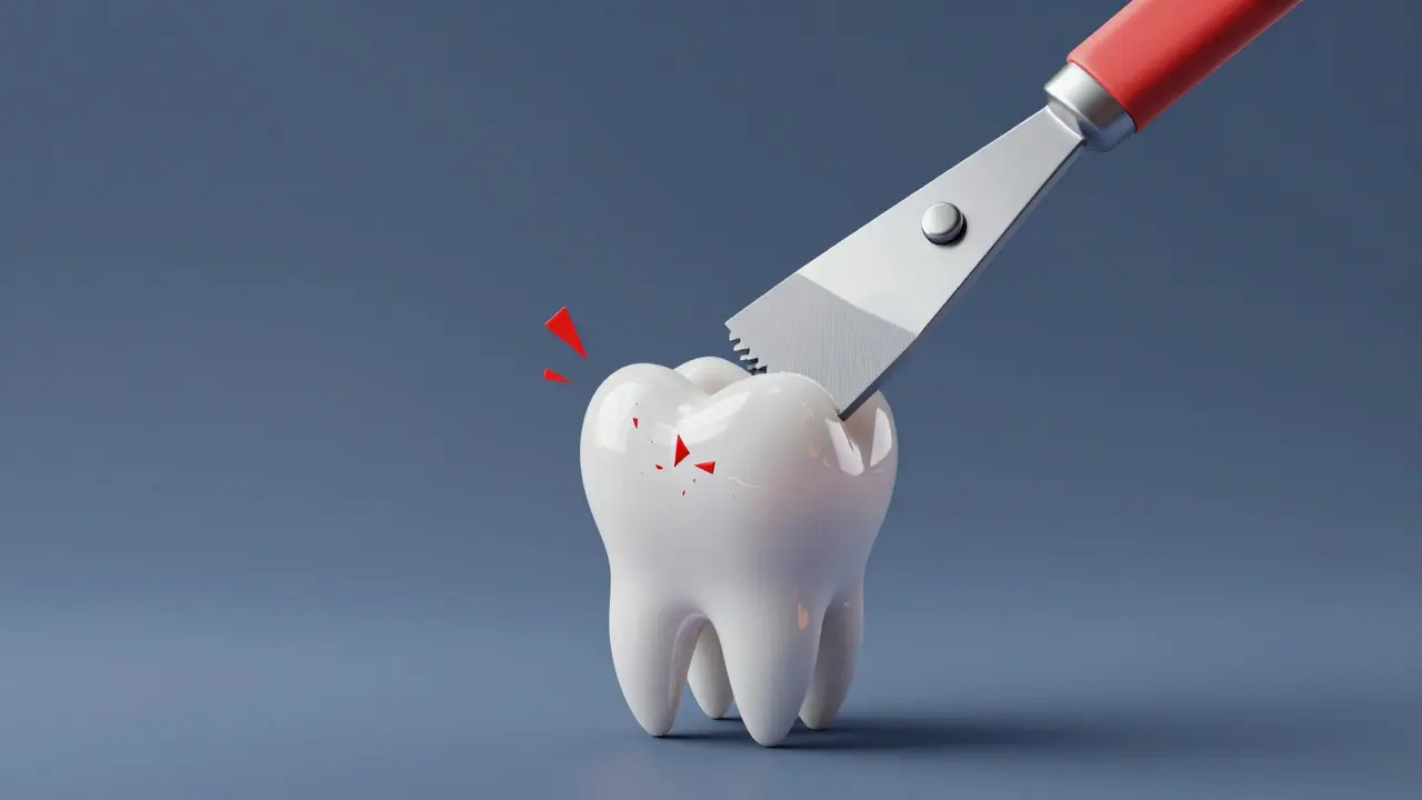 Konceptuální znázornění nebezpečí domácího škrábání zubního kamene.