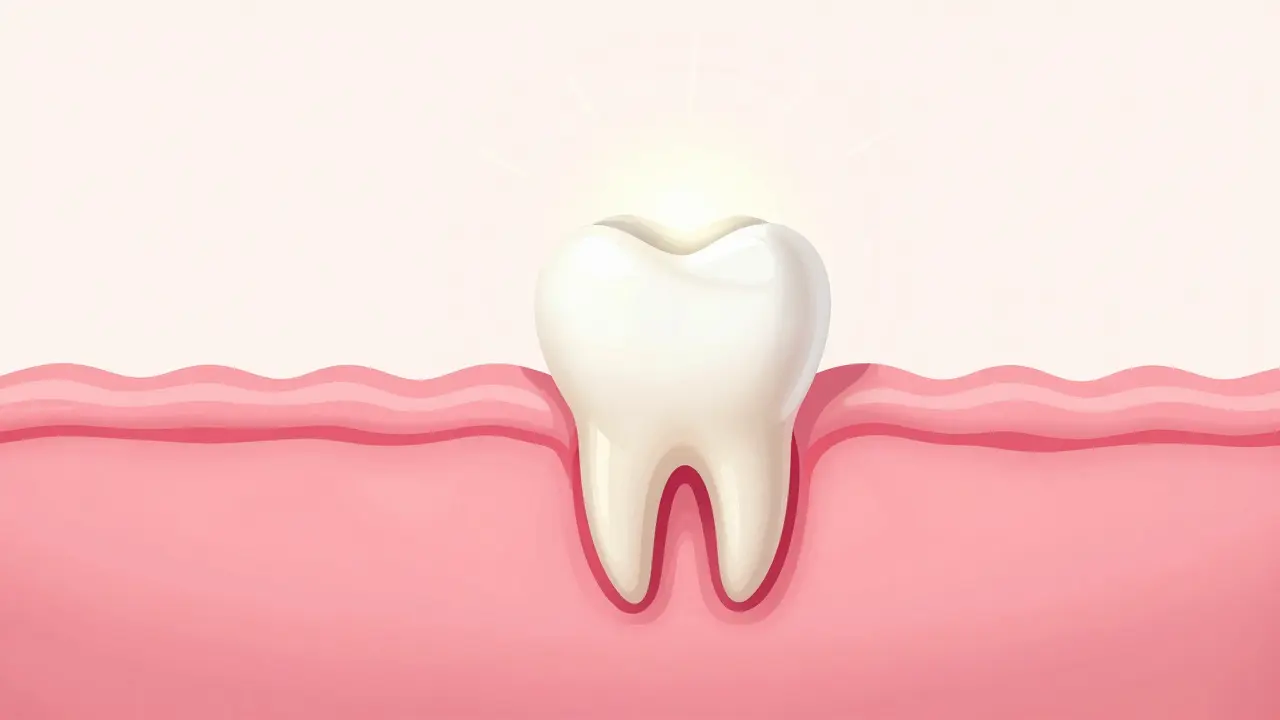 Konceptuální znázornění průniku mléčného zubu skrze dásně.