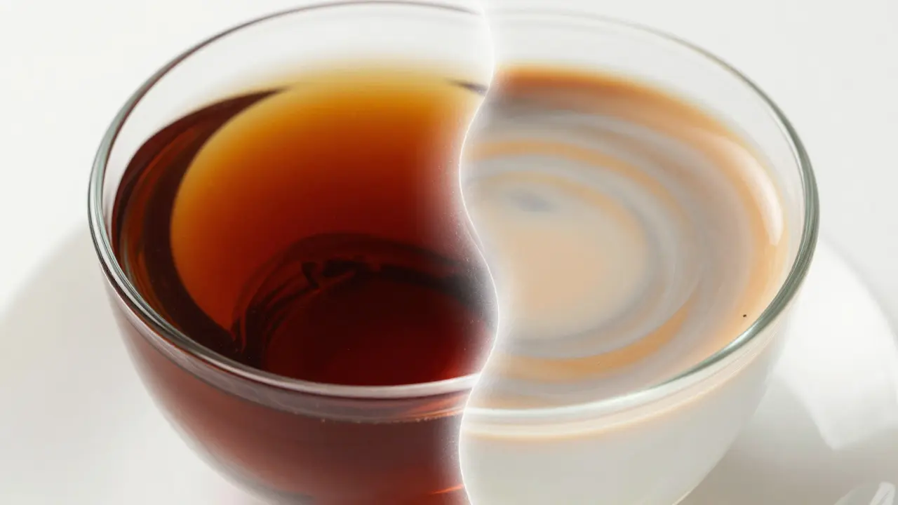 Konceptuální zobrazení míchání mléka do tmavého čaje pro ochranu zubů.